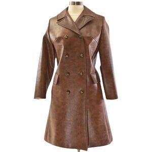 60s Vintage Brown Faux Leather Coat Womens M Double Breasted Mod Trench Jacket